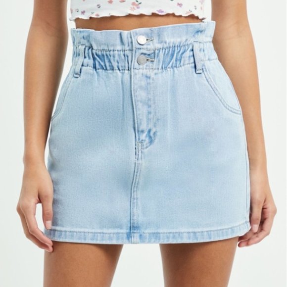 PAC SUN Denim Mini Skirt Paperbag Waist Like NEW Size Lg - Picture 2 of 10